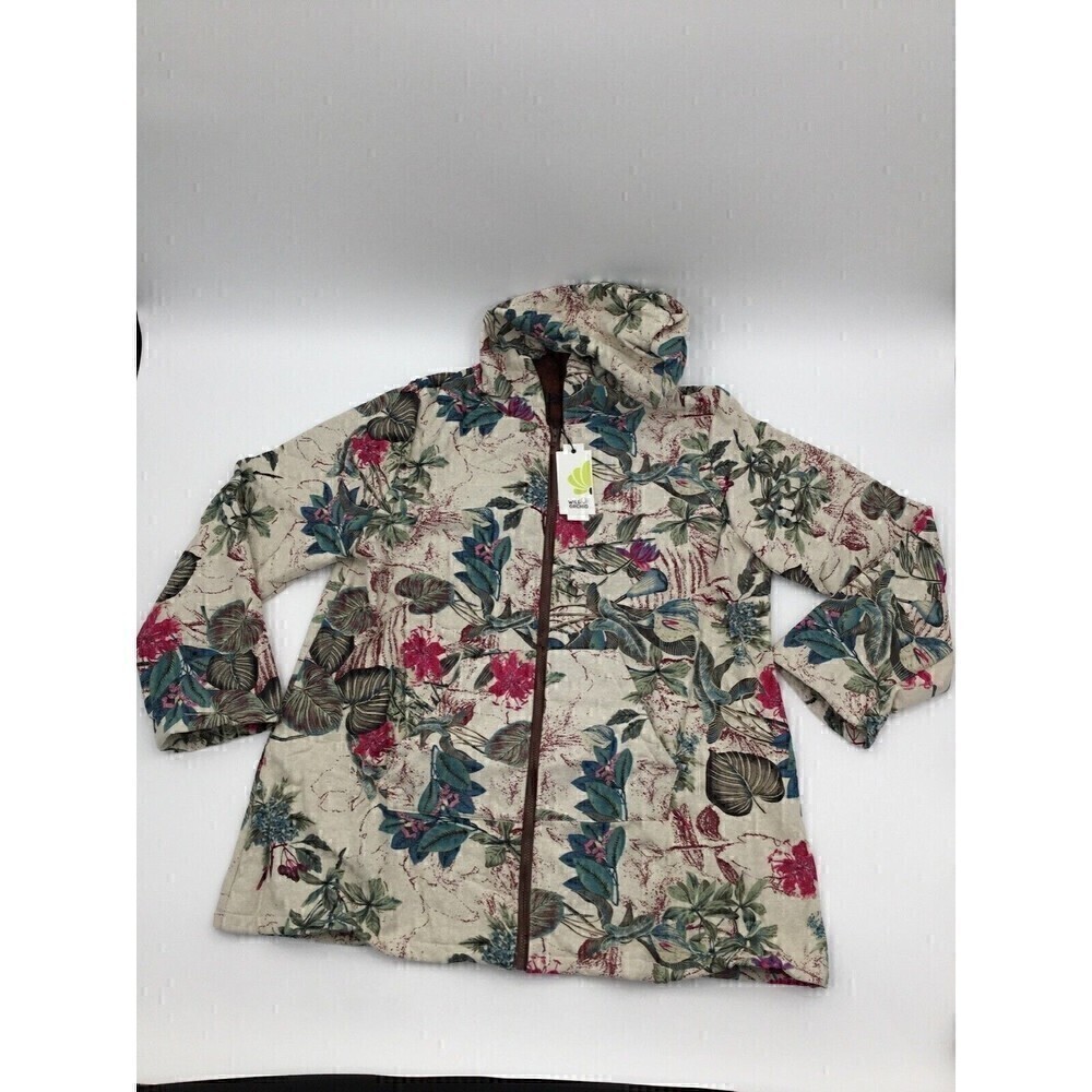 Wild Orchid Cream & Gray Hooded Zip-Up  Floral Coat size XL